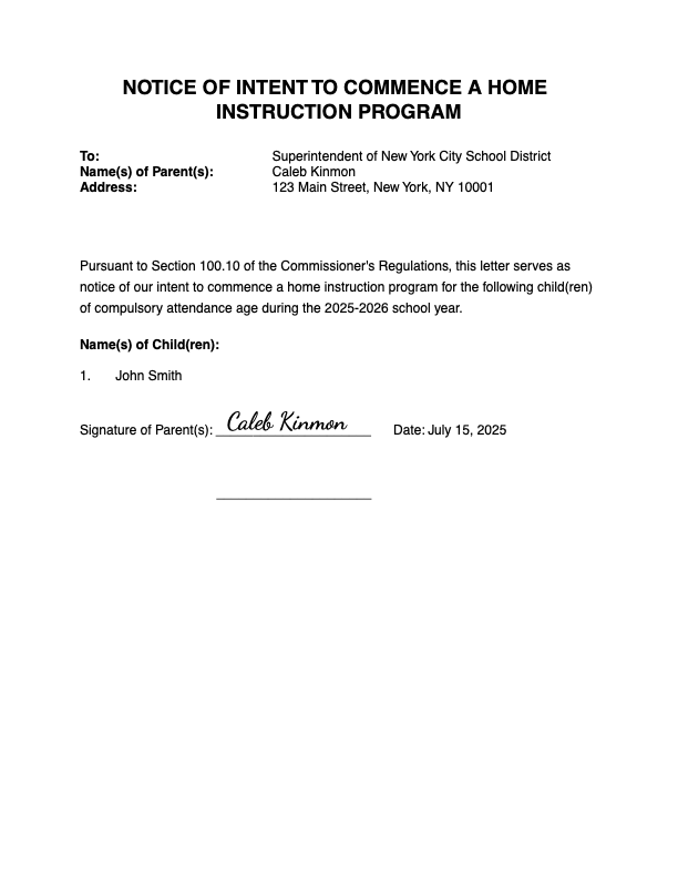 Ihip Examples Homeschool Filing - NY Homeschool Compliance Made Easy